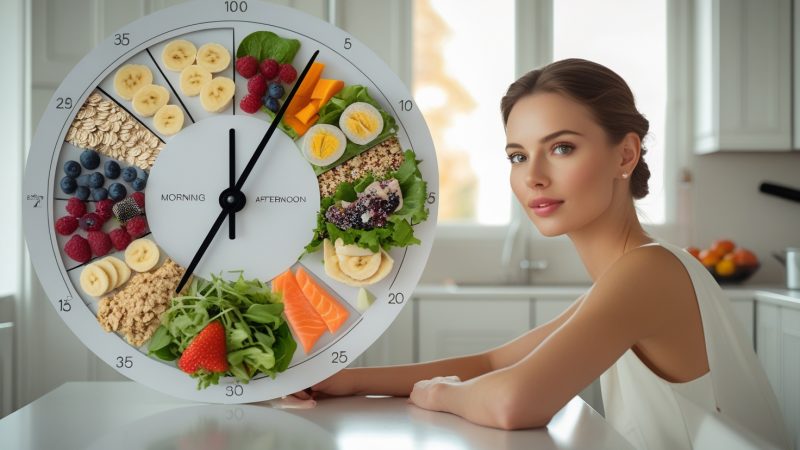 женщина изучает хронобиологию питания с продуктами распределенными по времени суток